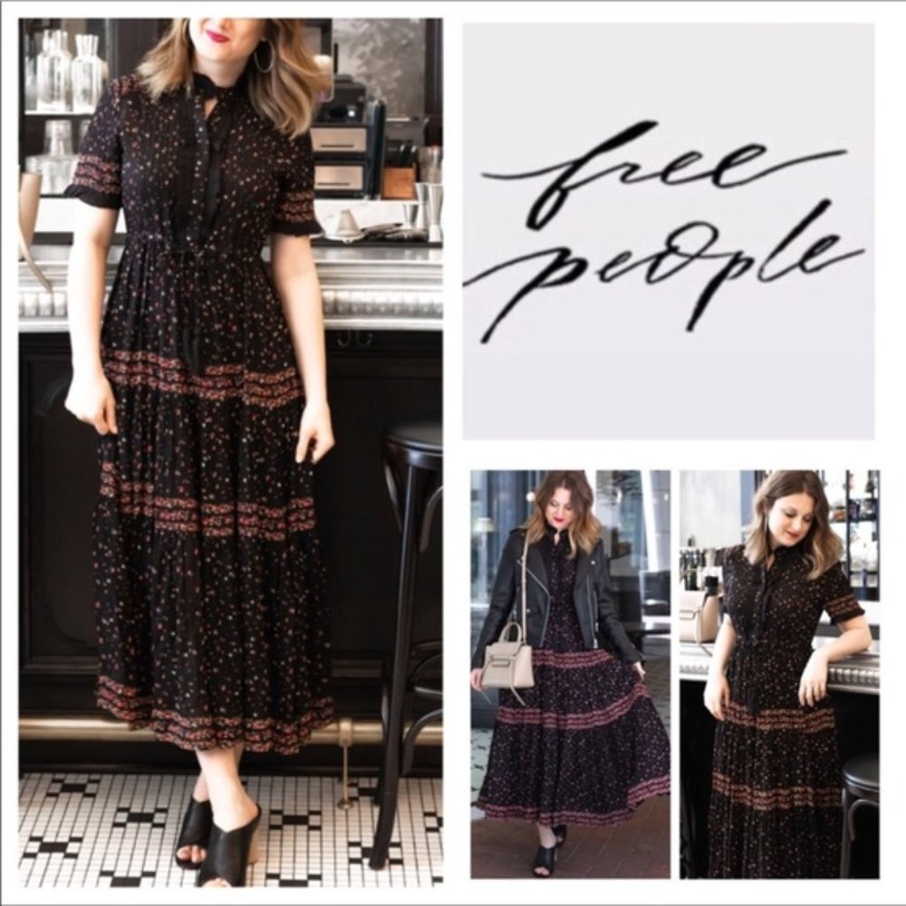 Free People Rare Feeling Pleated Printed D Black Combo M
